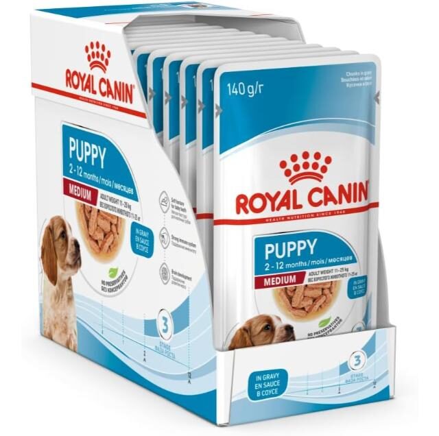 Royal Canin SHN Medium Puppy Wet Food Pouches Box of 10x140g Size Health Nutrition Dog Food - Image 2